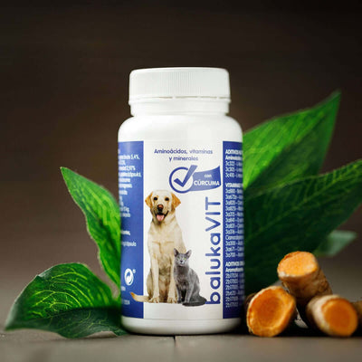 bote de balukavit con perro, gato, hojas y cúrcuma